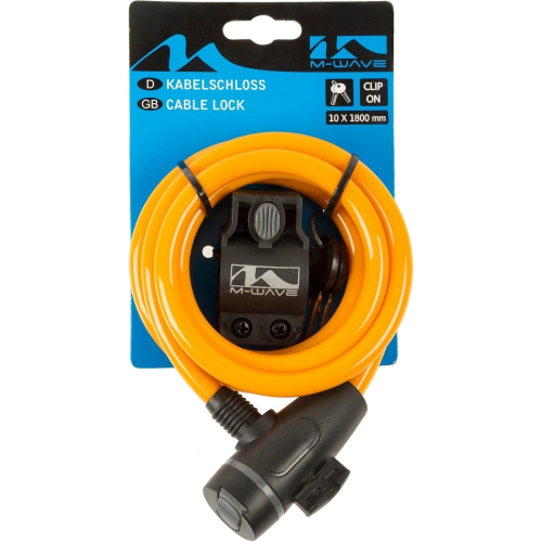 Замок M-Wave тросовый, 10х1800мм, ключ, с защитным колпачком, оранжевый, 5-233867, оранжевый