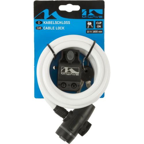 Замок M-Wave тросовый, 10х1800мм, ключ, с защитным колпачком, белый, 5-233862, белый